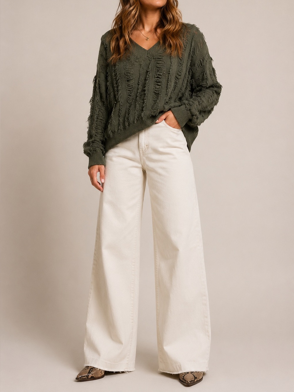 Doe & Rae Olive Green Distressed V-Neck Pullover
